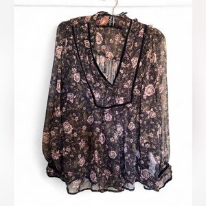Zara Black and Floral Sheer Blouse size  medium